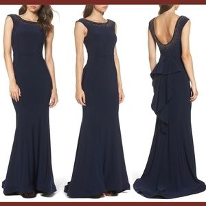 NEW XSCAPE‎ [PETITE 8P ] Beaded Ruffle Back Jersey Trumpet Gown in Navy Blue